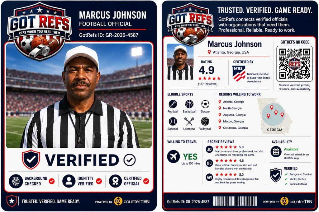 GotREFS verified referee digital player card showing front and back with verification badges, sports, and profile details